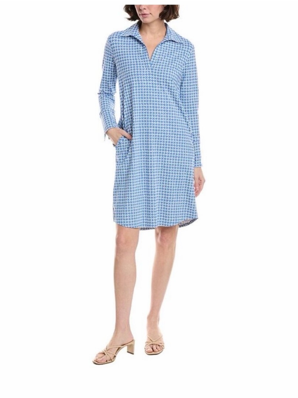 J. McLaughlin Blue and White Geometric Shirt Dress Size L